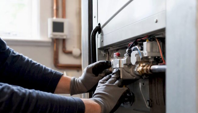 Technician inspecting furnace gas valve
