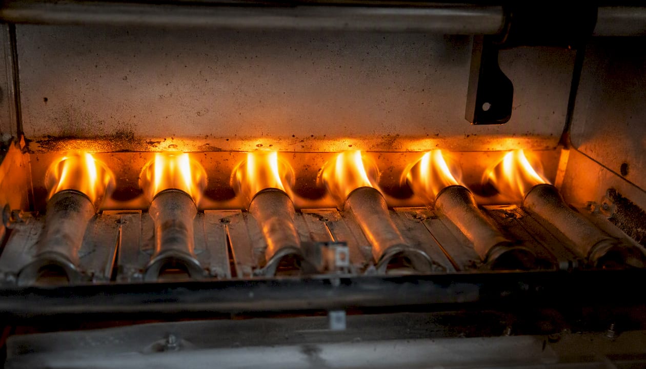 Yellow orange furnace burner flame close-up