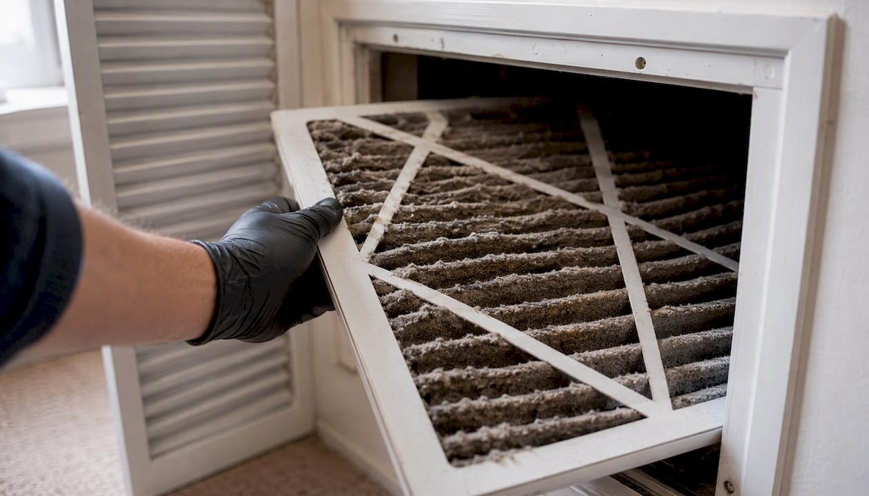 Gloved hand removing dusty air filter from HVAC vent