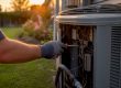 Gloved hand with screwdriver adjusting AC unit wiring
