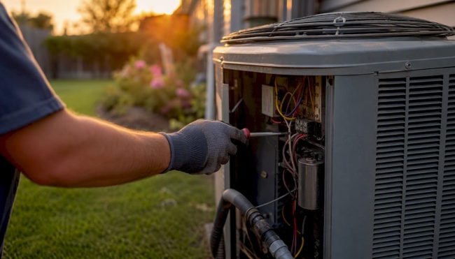 Gloved hand with screwdriver adjusting AC unit wiring