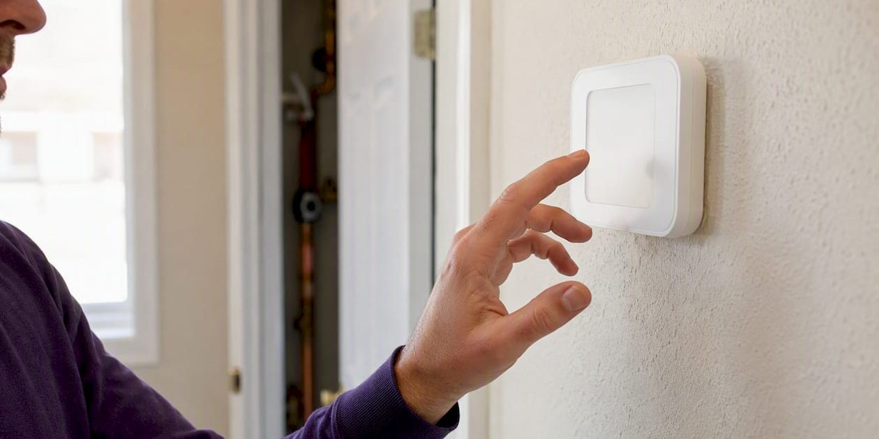 Hand holding thermostat faceplate with blank screen