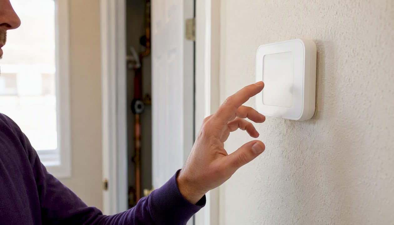 Hand holding thermostat faceplate with blank screen