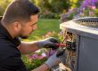 Technician inspecting outdoor AC condenser wiring