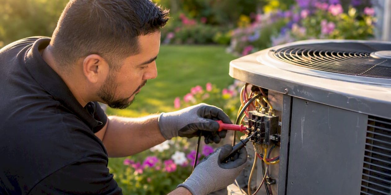 1786226550610_Technician-inspecting-outdoor-AC-condenser-wiring Technician inspecting outdoor AC condenser wiring