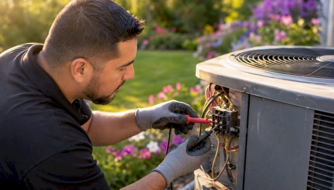 Technician inspecting outdoor AC condenser wiring