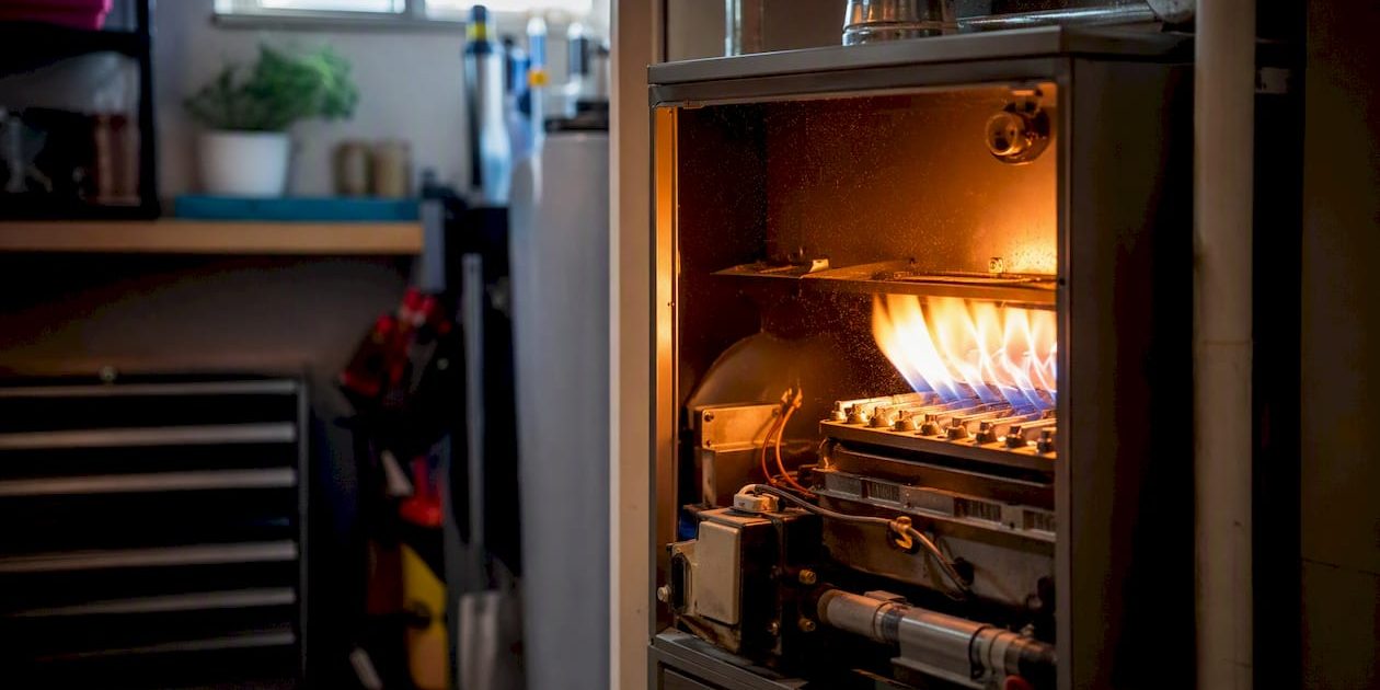 Furnace burner flame igniting amid dust particles