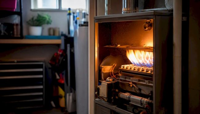 Furnace burner flame igniting amid dust particles