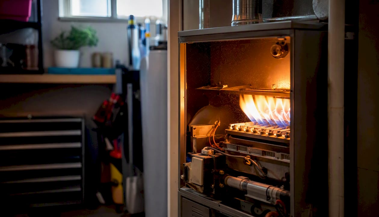 Furnace burner flame igniting amid dust particles