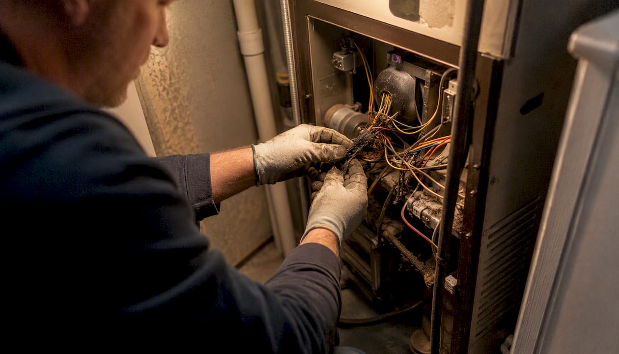 Close-up of burnt electrical wiring in furnace