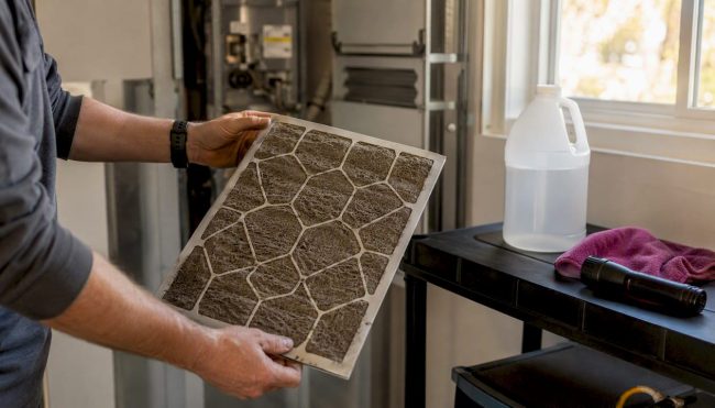 Hands removing dirty HVAC filter indoors