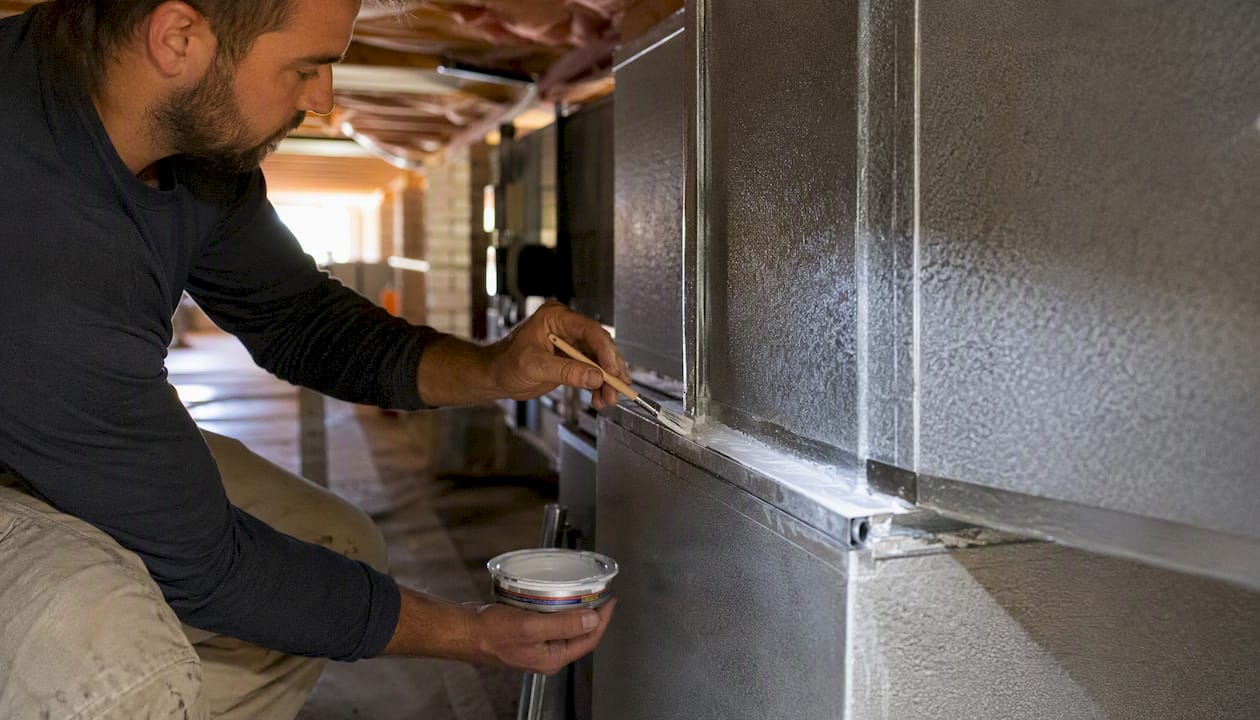Hands sealing duct connections with mastic