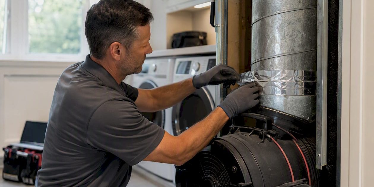 Technician sealing air duct during leakage test