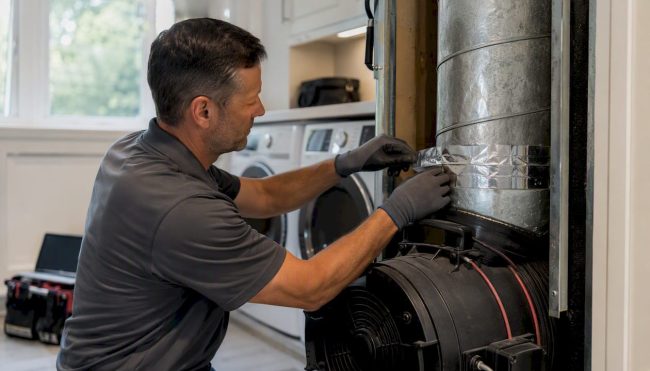Technician sealing air duct during leakage test