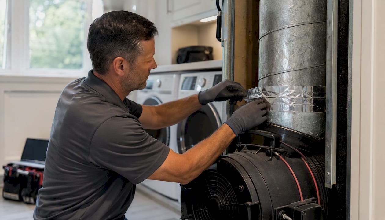 Technician sealing air duct during leakage test
