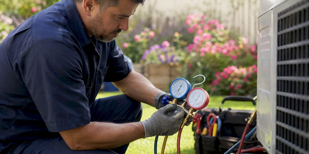 Technician recharging home AC with gauges