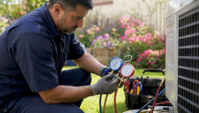 Technician recharging home AC with gauges
