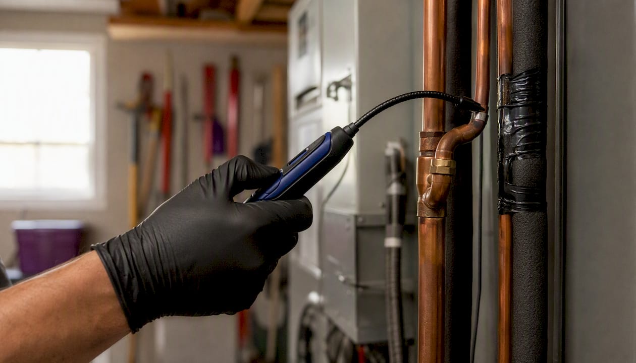 Technician using leak detector on AC refrigerant lines