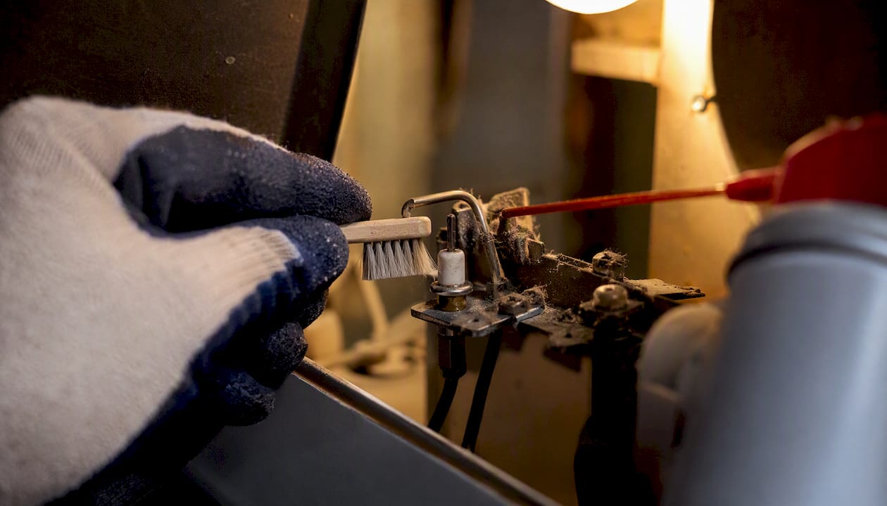 Brush cleaning pilot orifice close-up