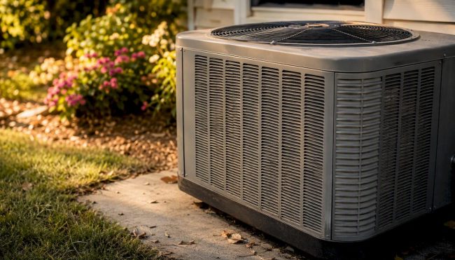 Close-up of HVAC outdoor compressor housing