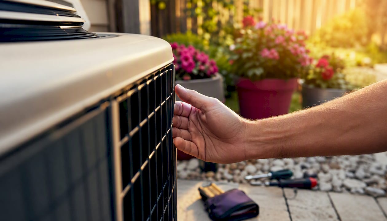 Hand cupping ear near HVAC outdoor unit