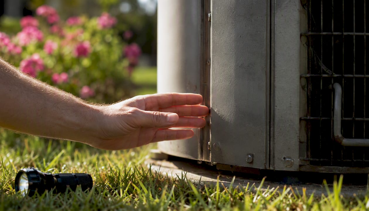 Hand near HVAC compressor housing detecting vibration