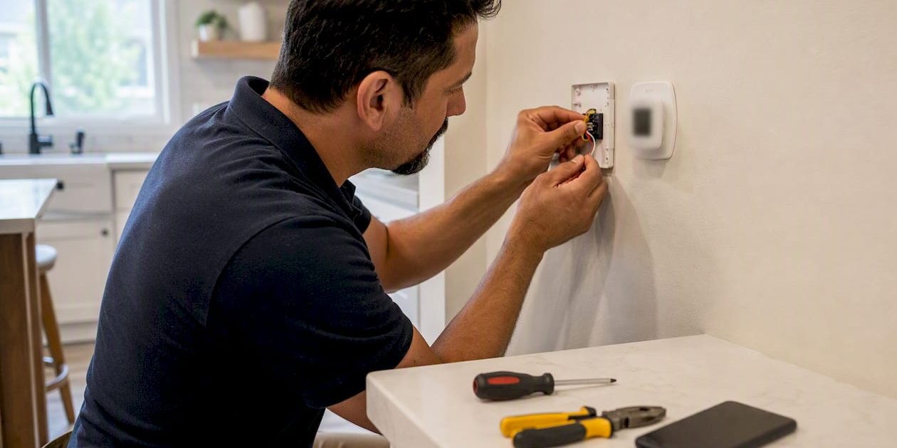 1786646290974_Hands-wiring-smart-thermostat-on-home-wall Hands wiring smart thermostat on home wall