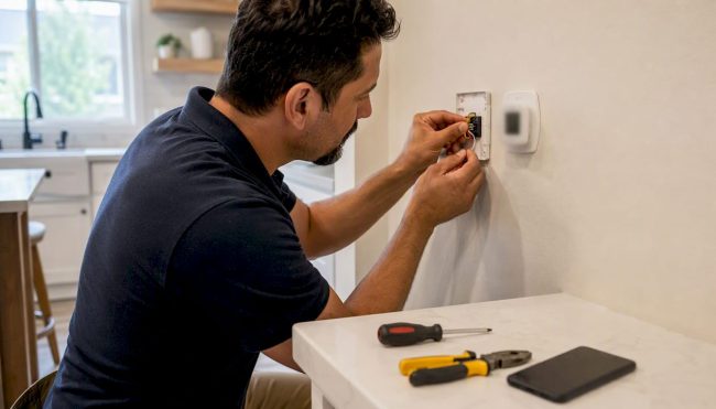 Hands wiring smart thermostat on home wall