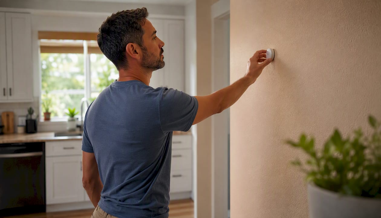 Hand adjusting smart thermostat sensor on wall