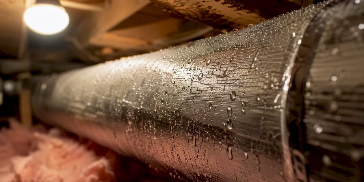 Close-up of sweating duct with water droplets