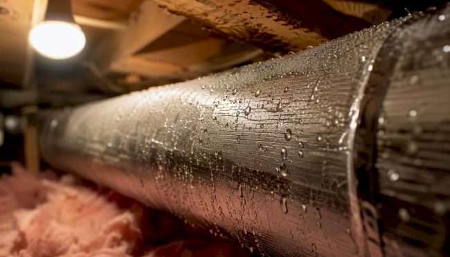 Close-up of sweating duct with water droplets