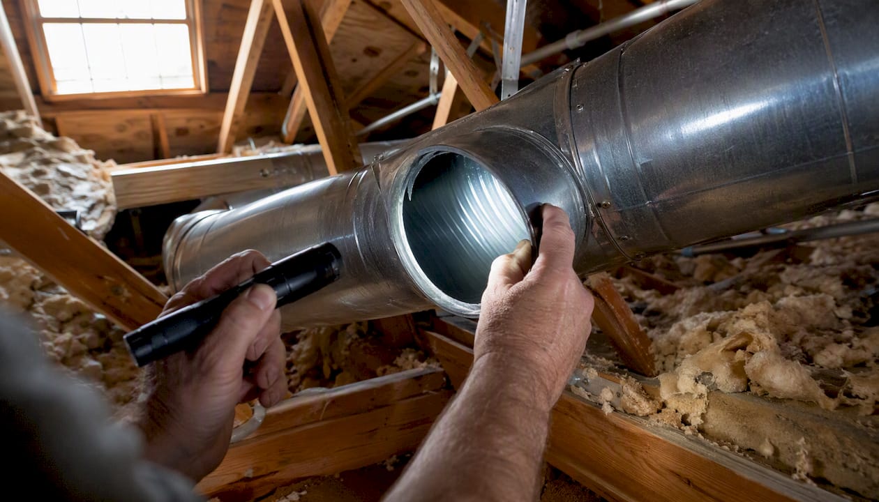 Hands inspecting duct in attic with flashlight