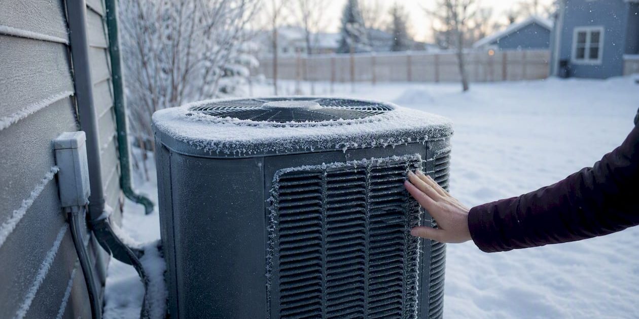 Hand holding heat pump outdoor unit data plate