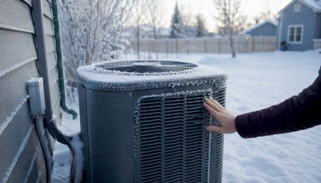 Hand holding heat pump outdoor unit data plate