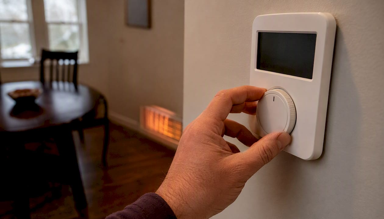 Hand adjusting thermostat to emergency heat mode