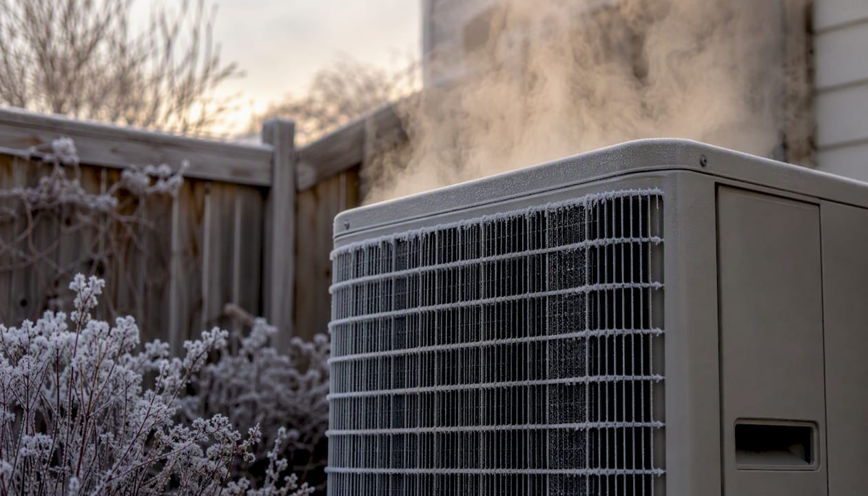 Steam rising from outdoor heat pump coil during defrost