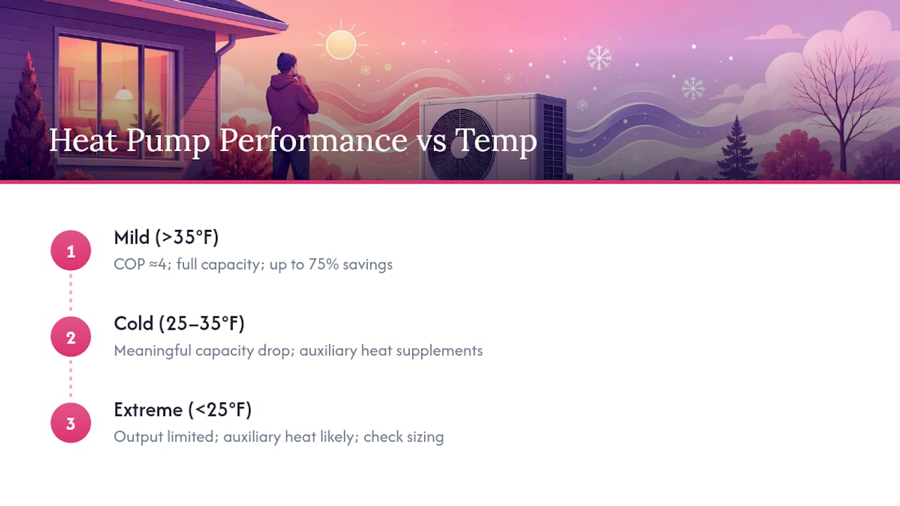 Heat pump efficiency decreases with colder temperatures