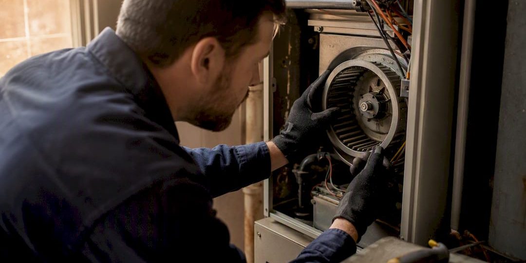 Hands inspecting blower assembly in furnace