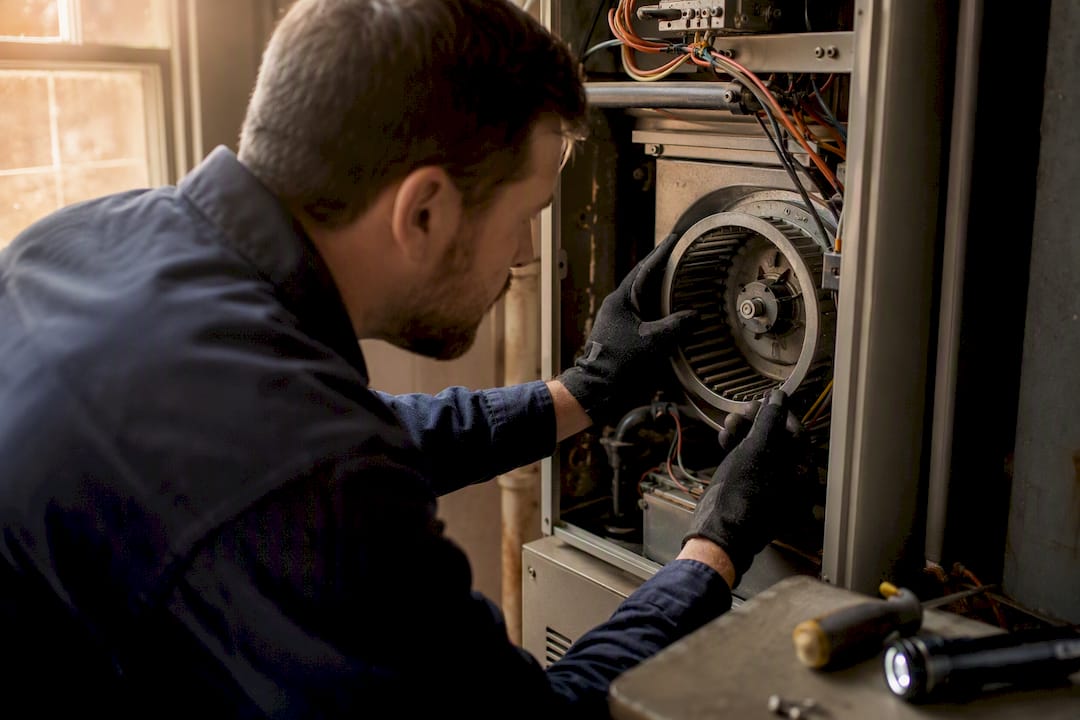 Hands inspecting blower assembly in furnace