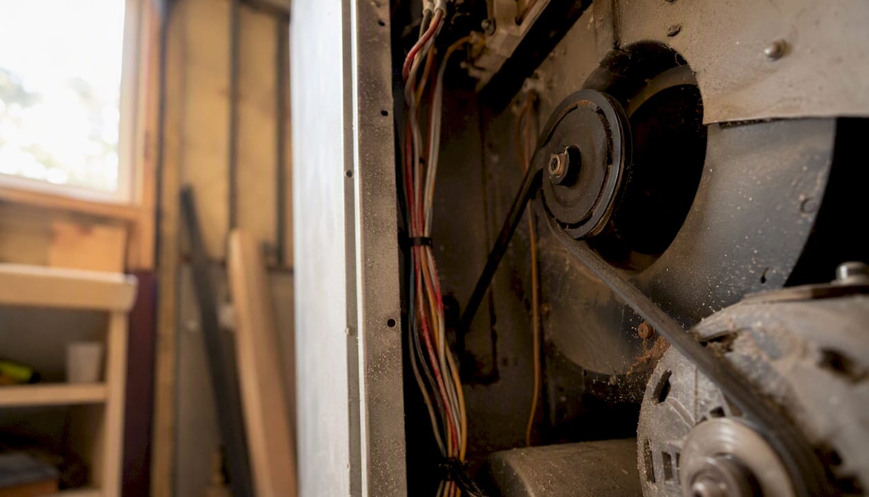 Close view of frayed blower motor belt