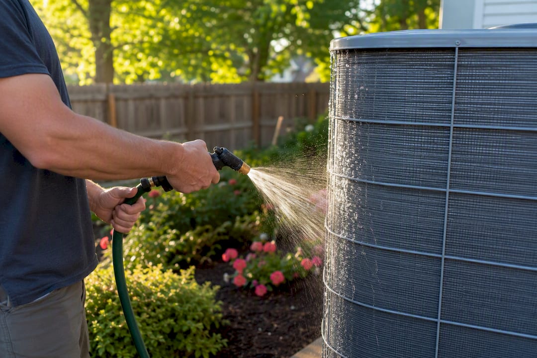 Hands rinsing AC condenser coil with hose