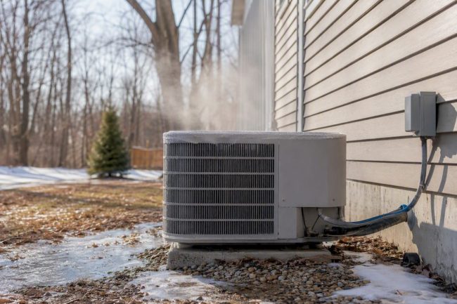 Heat pump outdoor unit defrost steam rising