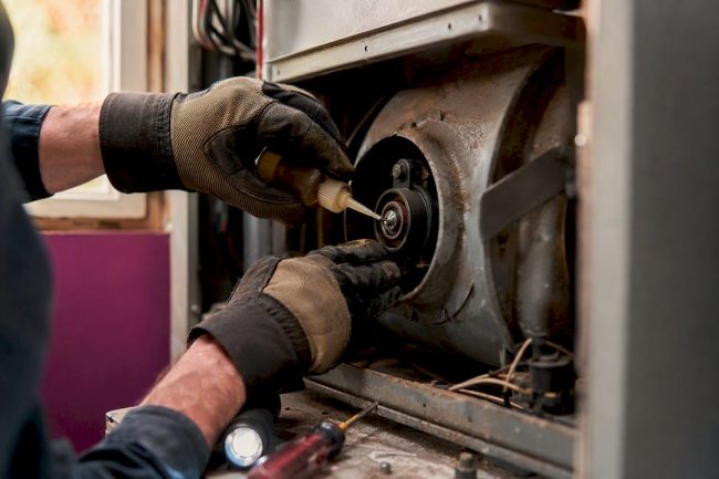 Hands lubricating blower motor bearing