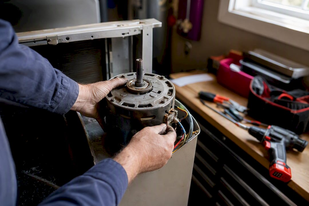 Technician hands inspecting AC fan motor