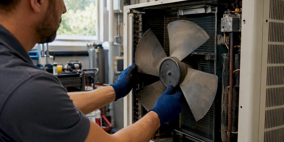 1787252636857_Hands-manually-spinning-AC-fan-blades Hands manually spinning AC fan blades