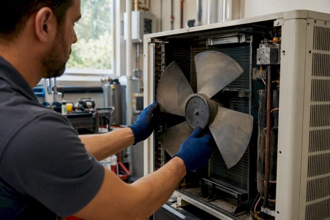 Hands manually spinning AC fan blades