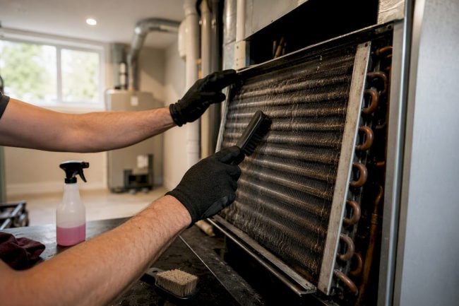Hands inspecting and cleaning HVAC furnace coil