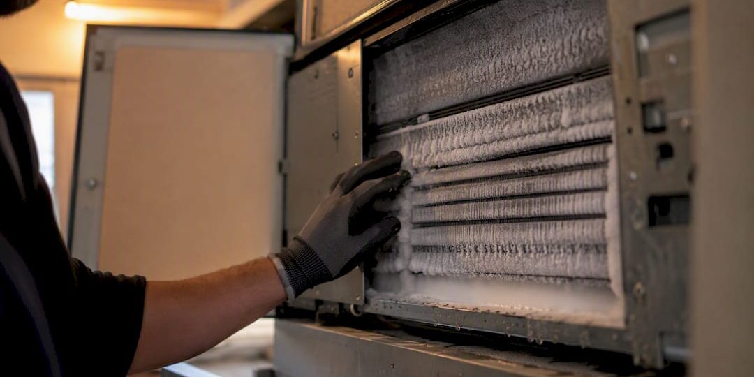 Icy indoor AC coil being inspected