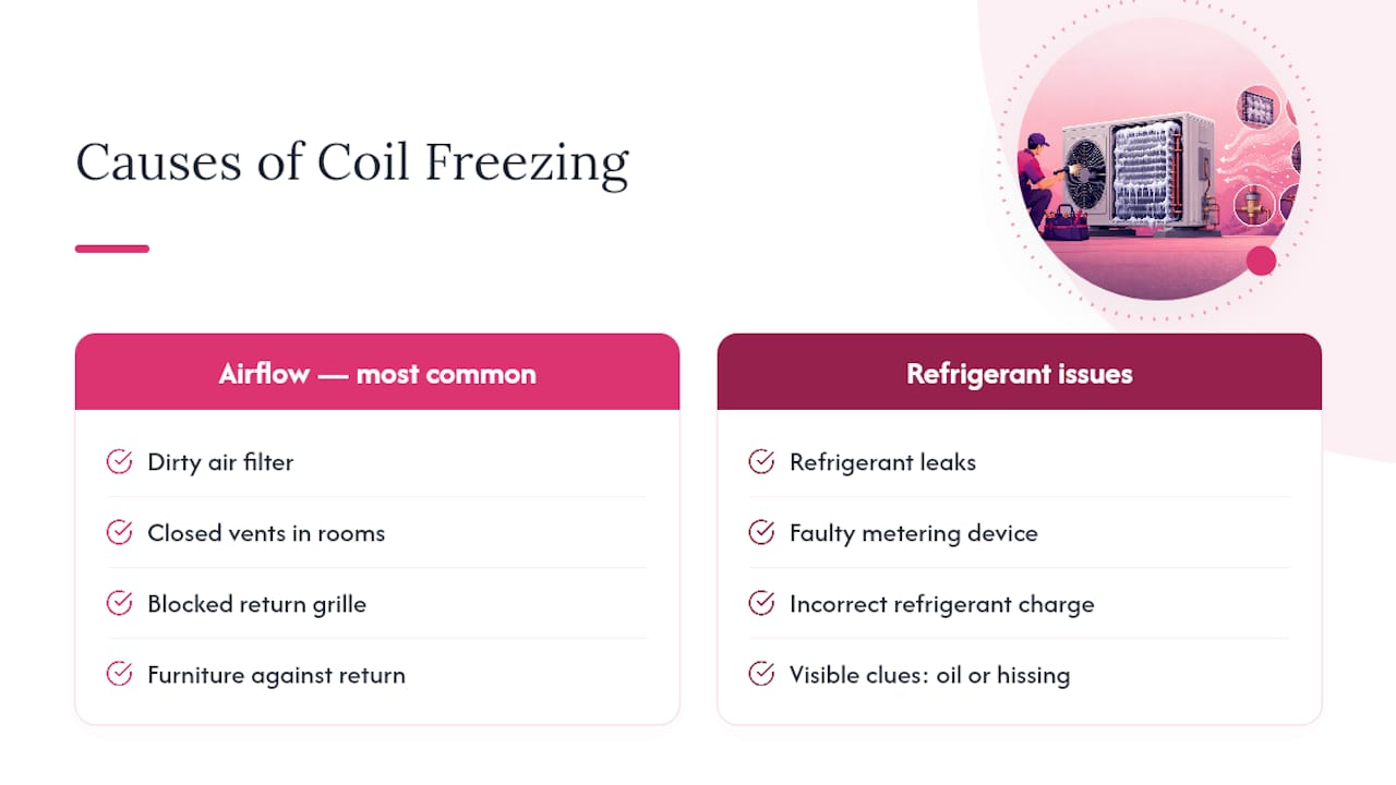 Diagram of AC ice buildup causes airflow vs refrigerant