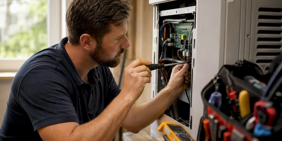 Technician adjusting inverter AC wiring